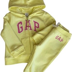 Baby Gap Yellow and Pink Logo Zip Up + Matching Joggers Logo Set- Size 2 Years
